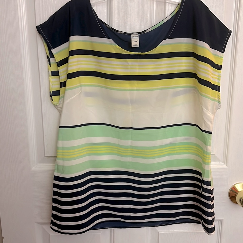 Striped top in Navy, White, Yellow, and Light Green